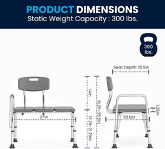 HERCULES Series 300 Lb. Capacity Adjustable Gray Bath & Shower Transfer Bench wi