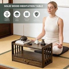 Birdfba Floor Table Altar 2-Tier Meditation Table Drawers Bamboo Coffee Table