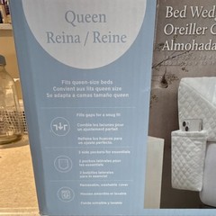 Queen Bed Wedge Pillow White Quilted Fabric, Pockets, Washable Cover, Non-Slip