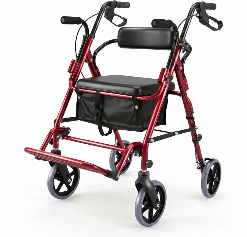 Red 4-Wheel Rollator Walker With Seat & Backrest, Foldable, 300 lb Capacity