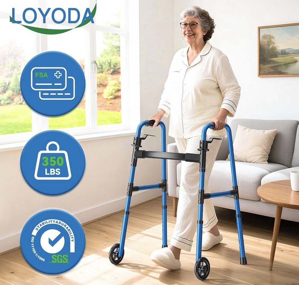 LOYODA Adjustable Height Folding Walker Blue Large Front Wheels 350 lb Capacity