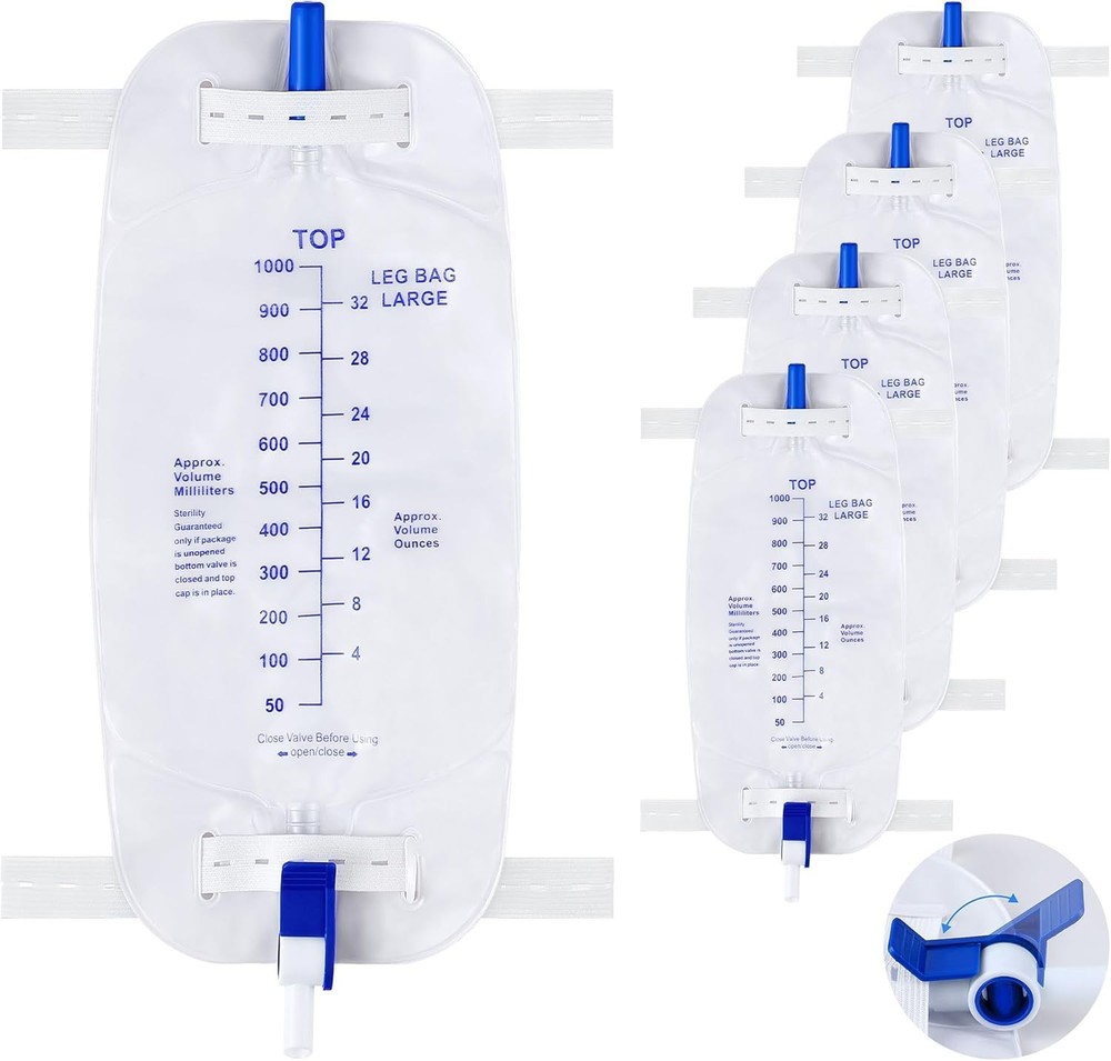 5 Pack 1000Ml Leg Bag Urinary Drainage Bag with anti Reflux Valve, 33.8Oz Large