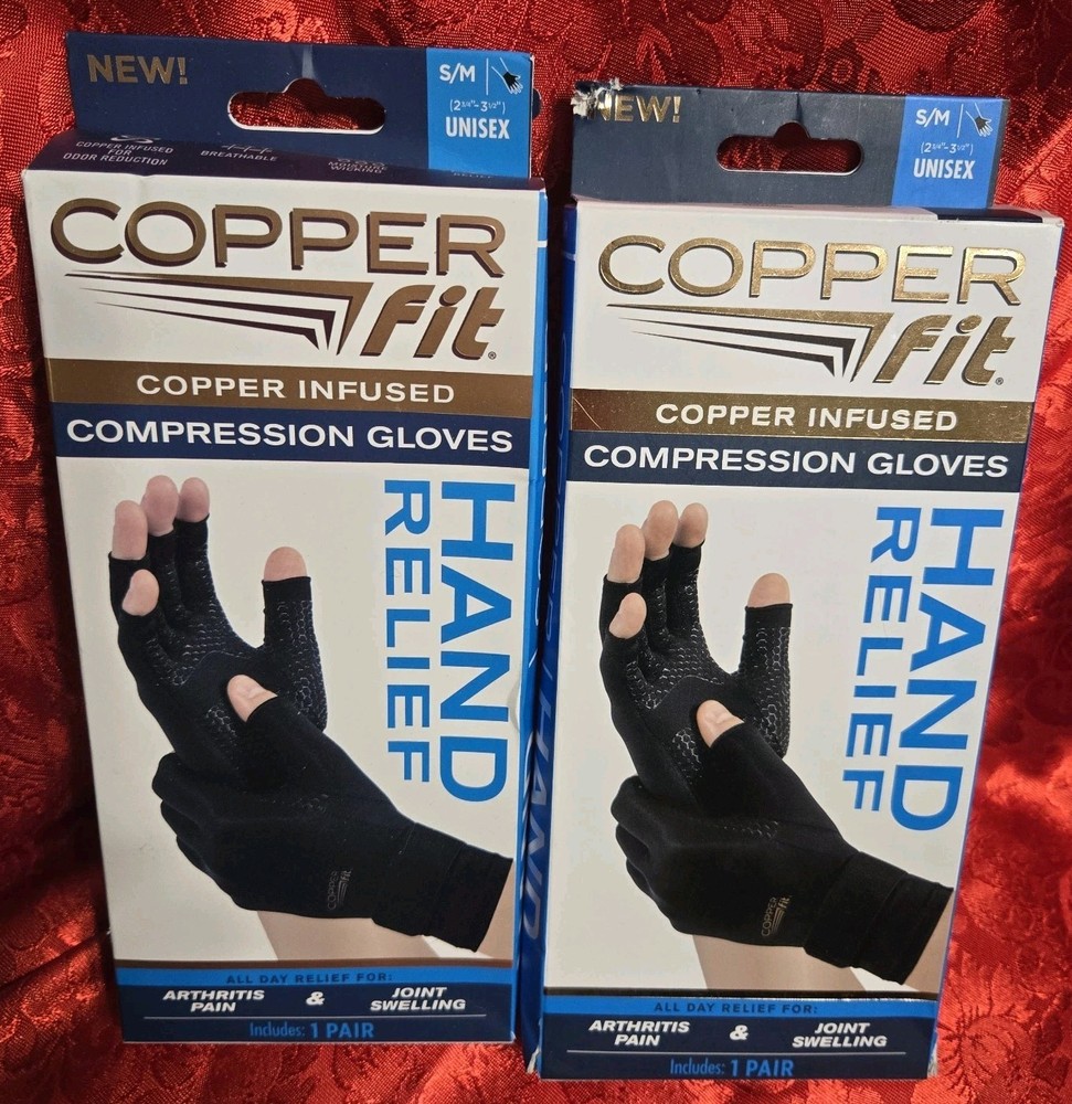 Copper Fit Compression Gloves Black S/M Pair Unisex Hand Arthritis 2 Pack New
