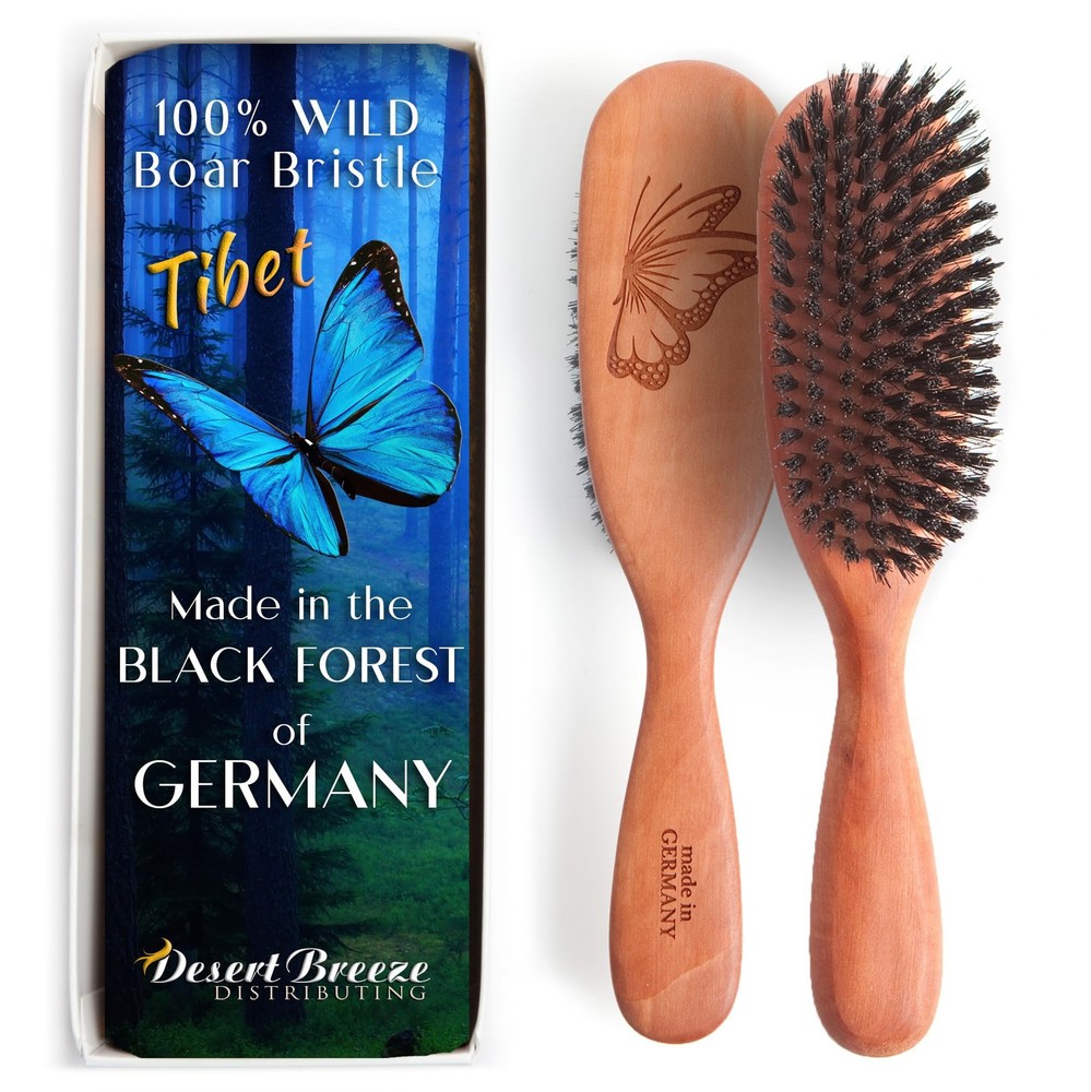 100% Wild Boar Bristle Hairbrush for Natural Healthy Hair, Medium Soft Tibet Bri