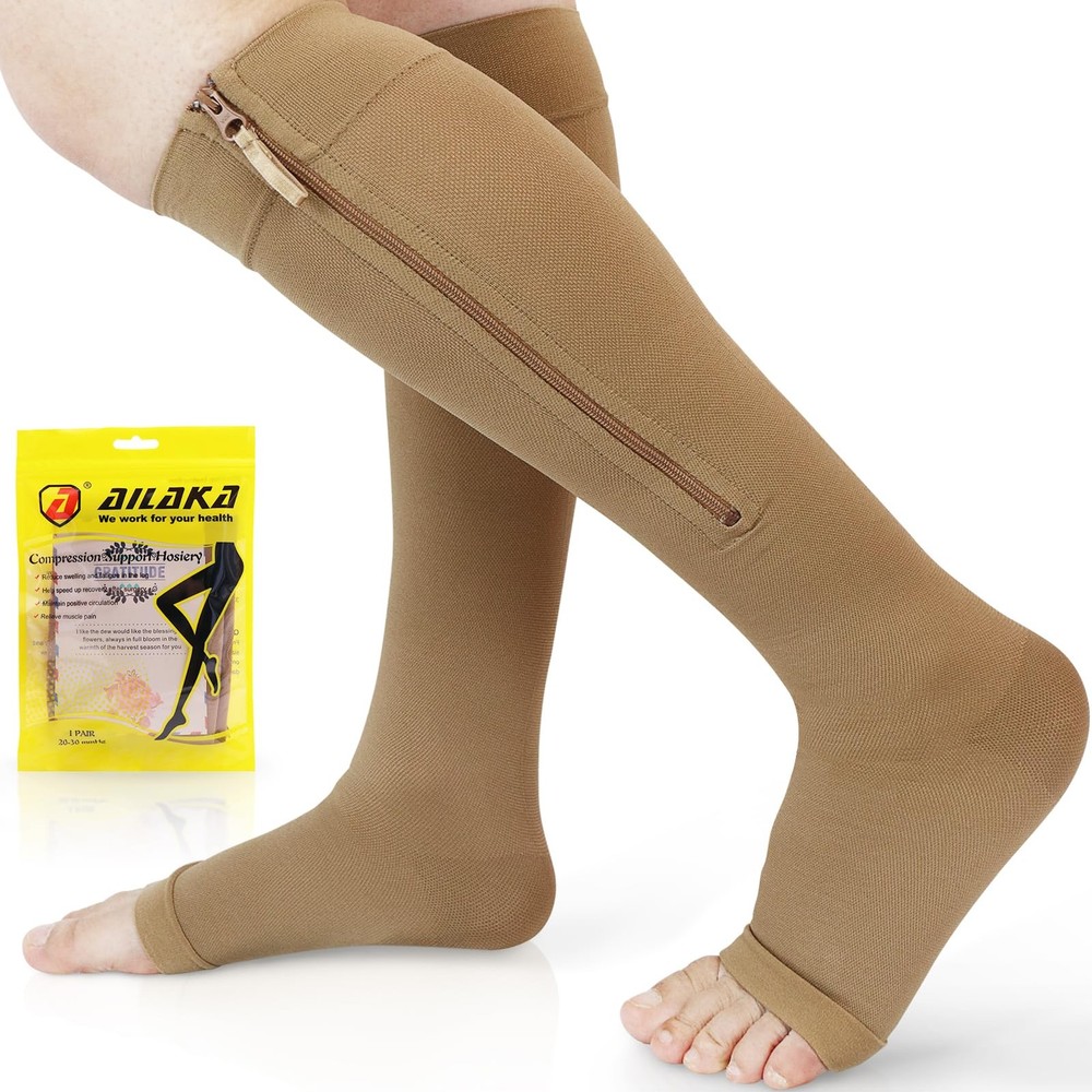 Ailaka Zipper 20-30 mmHg Compression Socks for Women X-Large (1 Pair), Beige