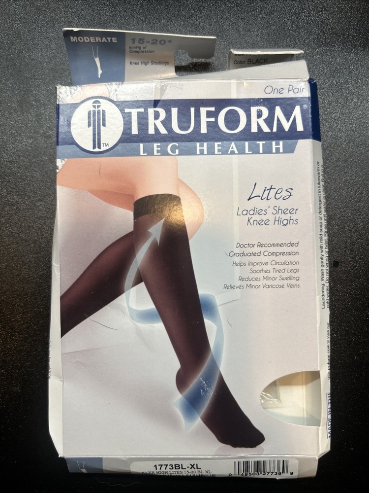 Truform Moderate Sheer Black 15-20 Compression Lites Knee High Socks XLarge NEW