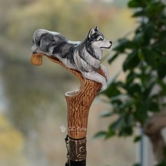 Wooden Cane Walking Stick Husky Dog Cane , Hand-painted Luxury Walking Stick
