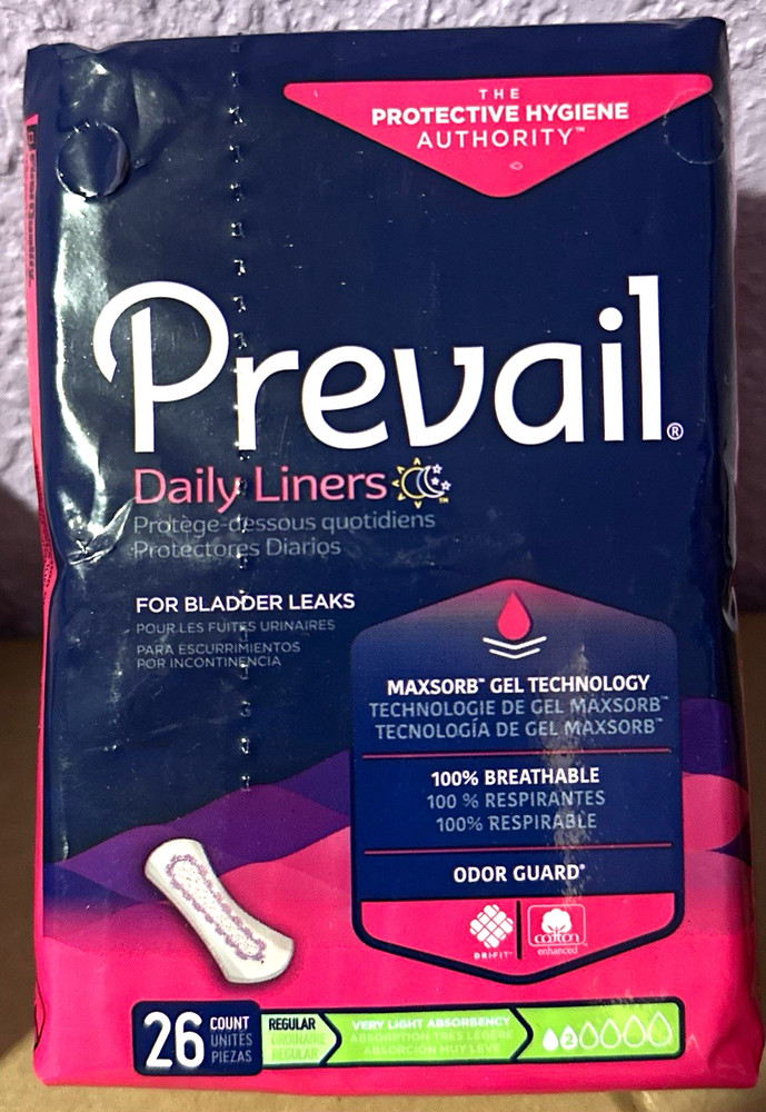 Prevail Daily Liners Incontinence Pads Regular Very Light, Odor Guard 26 Ct