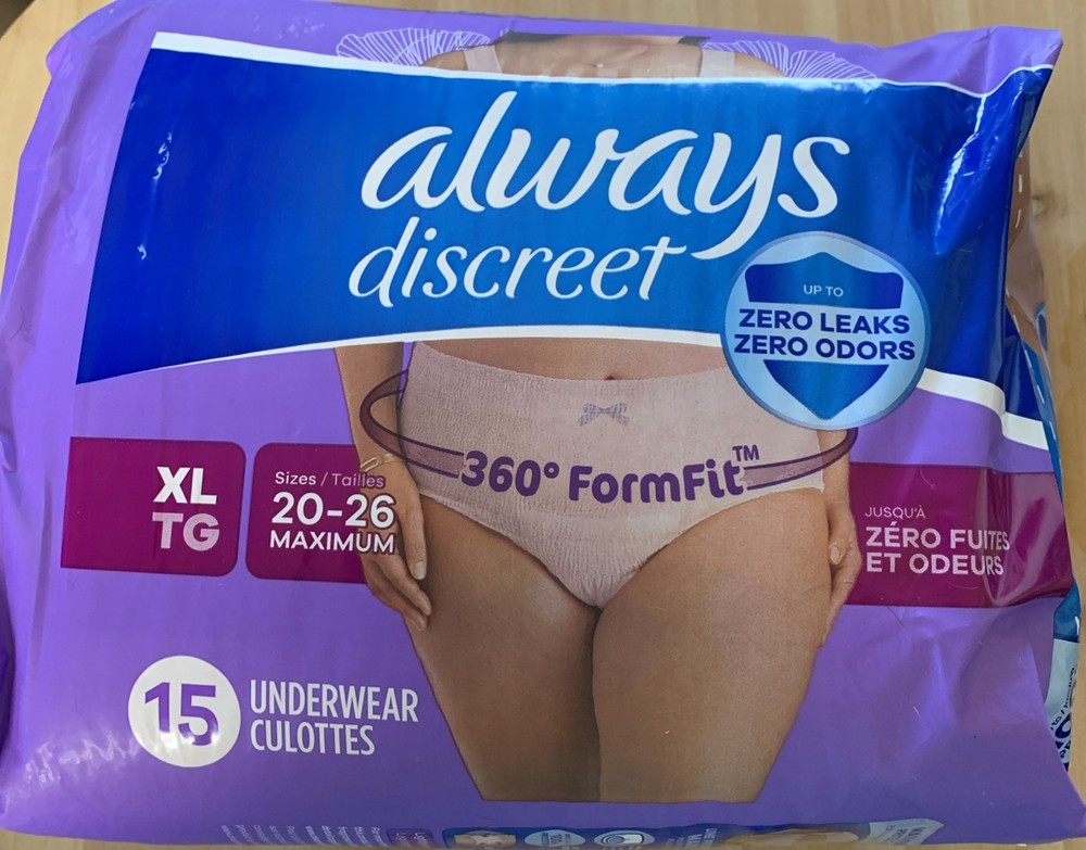 Always Discreet Underwear XL (Size 20-26). 15 Count Zero Leaks Or Odors