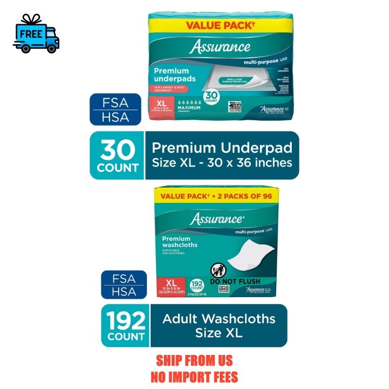 Assurance Unisex Premium Underpads (30) and Washcloths (192) for Adults, XL
