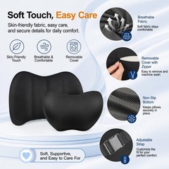 Lumbar Back Support Pillow Set for Car | Memory Foam Neck Headrest, Adjustable S