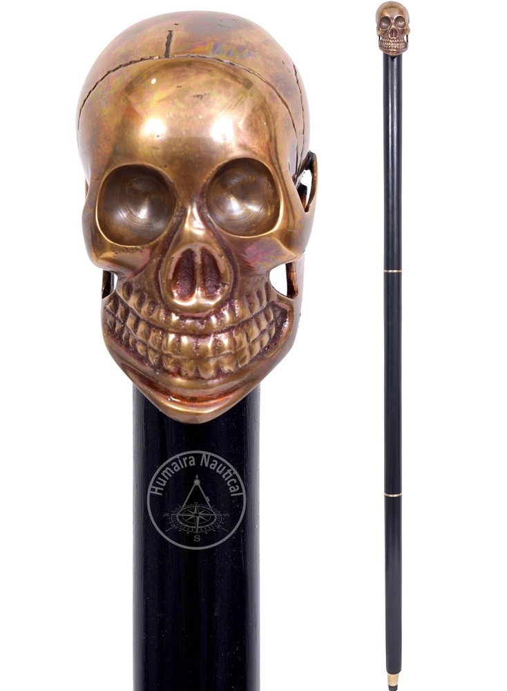 Vintage Victorian Style Walking Cane, Black Wood with Brass Skull Handle, Dec…