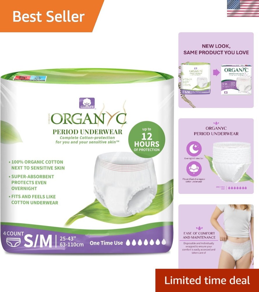 Certified Organic Cotton Disposable Period Underwear for Sensitive Skin, 4 Count