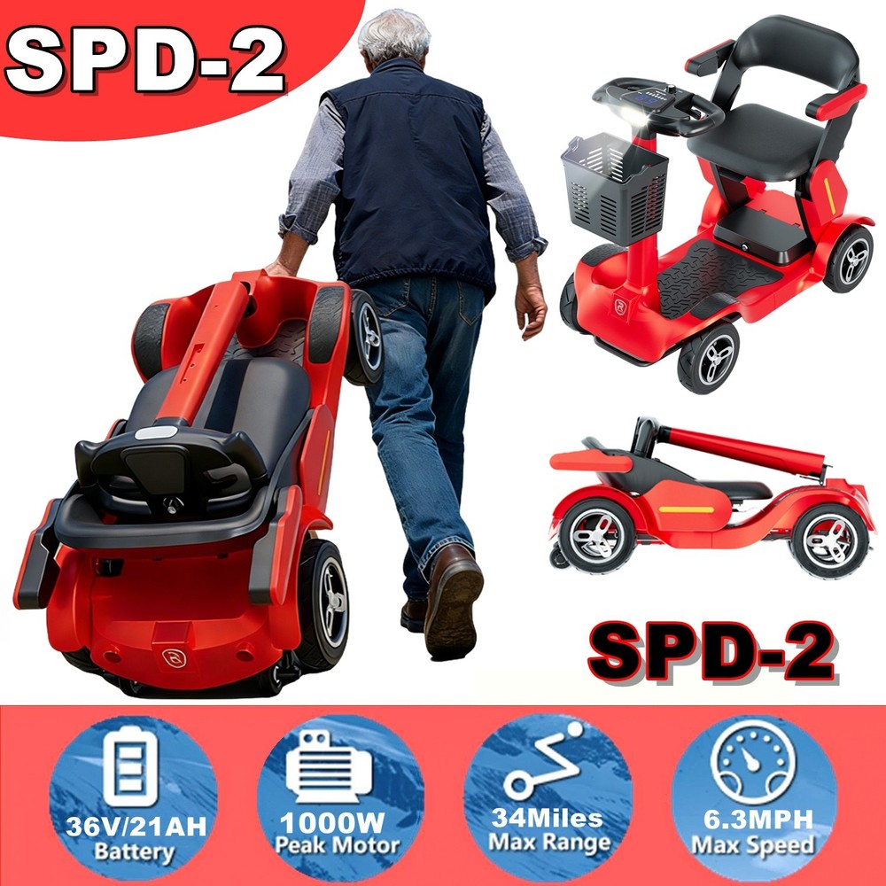 Red 1000W Mobility Scooter 35Mile Range 4-Wheel Basket Portable Wheelchair Fold