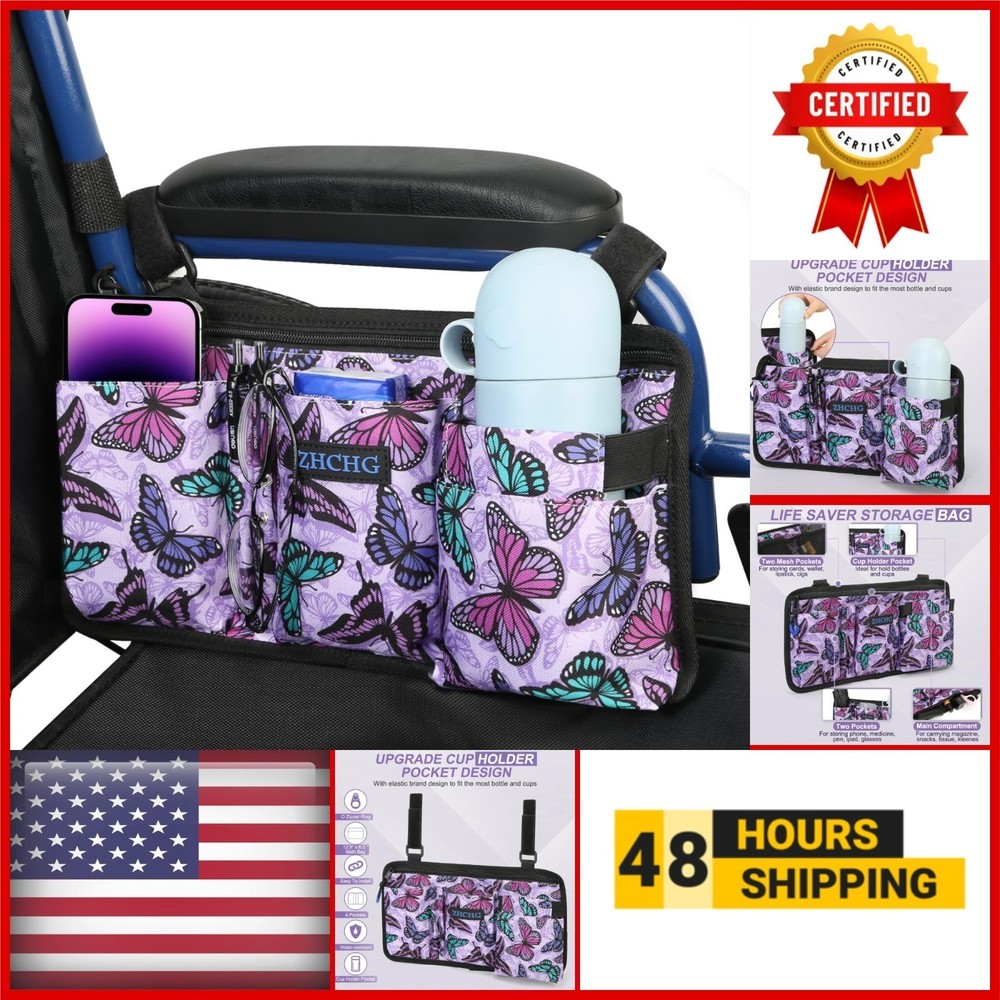ZHCHG Wheelchair Side Bag with Cup Holder – Purple Storage Bag