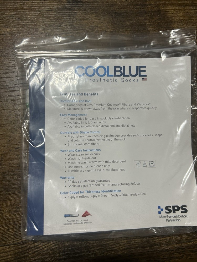 CoolBlue Prosthetic Socks 3 Ply size 1,2 Length 10-14 (GREEN) – New