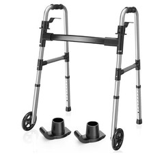 Lightweight Folding Walker w/ 5” Wheels & Skis Adjustable Height 350 lb Black
