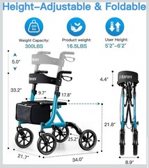 Farani 10” All Terrain Rollator Walker Foldable w/Seat 300lb MultiColor