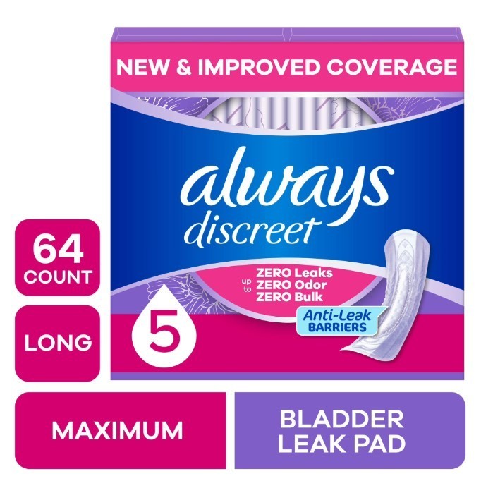 Always Discreet Maximum Absorbency Long Incontinence Pads 64 Count, New