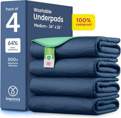 Durable Washable Incontinence Underpads – 34″x36″ Heavy Absorbency, Pack of 4
