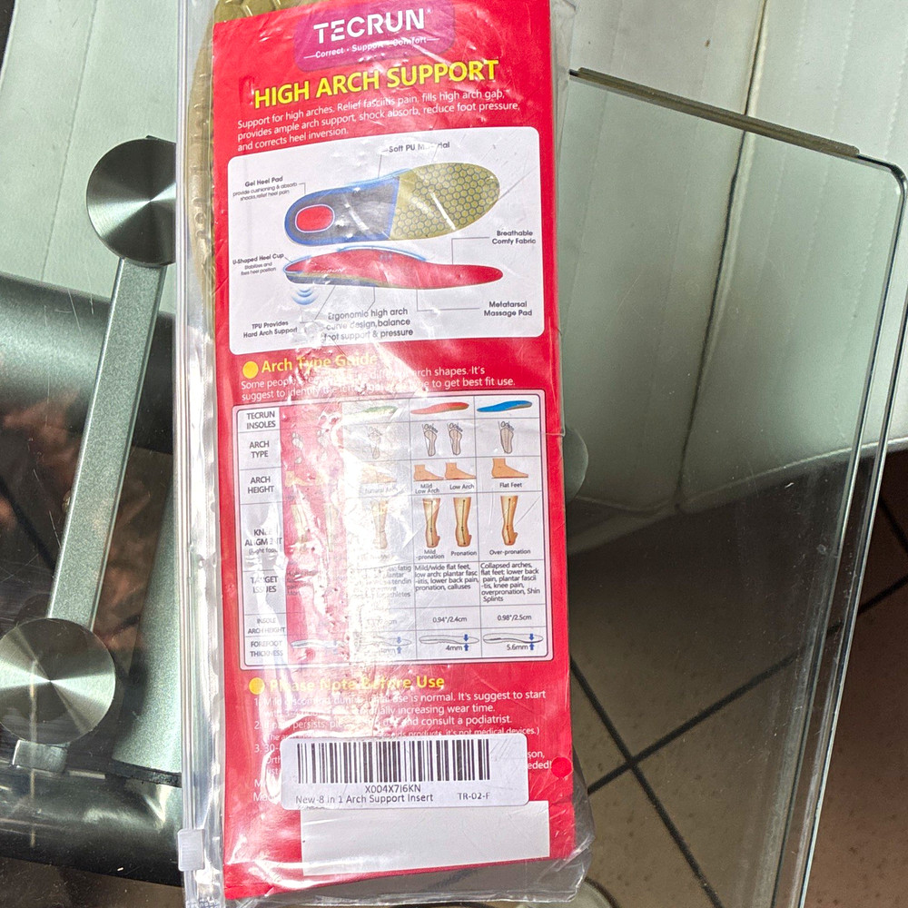 TECRUN High Arch Support Orthotic Insoles Full Length Gel PU Breathable Sz F