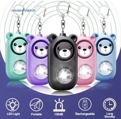 Cute Bear Personal Safety Alarm Keychain 130dB LED Flashlight USB Rechargeable