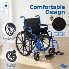 Invacare Folding Wheelchair with 20″ Seat, Removable Arms, Footrests – Blue
