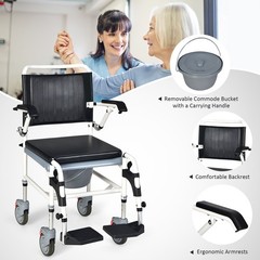 4-in-1 Bedside Commode Chair w/ Wheel Commode Wheelchair w/Detachable Bucket