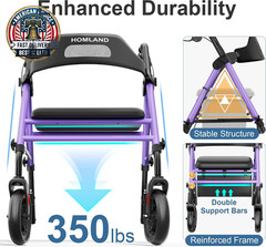 Foldable Rollator Walkers with Seat for Seniors, 8“ Big Wheels, 350 Lb. Weight