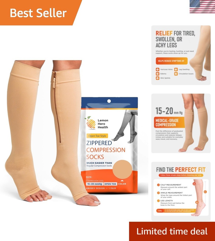 Zipper Compression Socks Open Toe 15-20 mmHg Support Medical Stockings for Me…