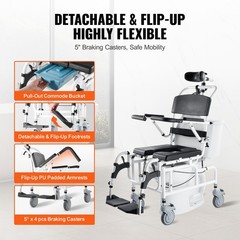 VEVOR Shower Wheelchair Bathroom Commode Wheelchair 17.5″w Seat 300lbs Capacity