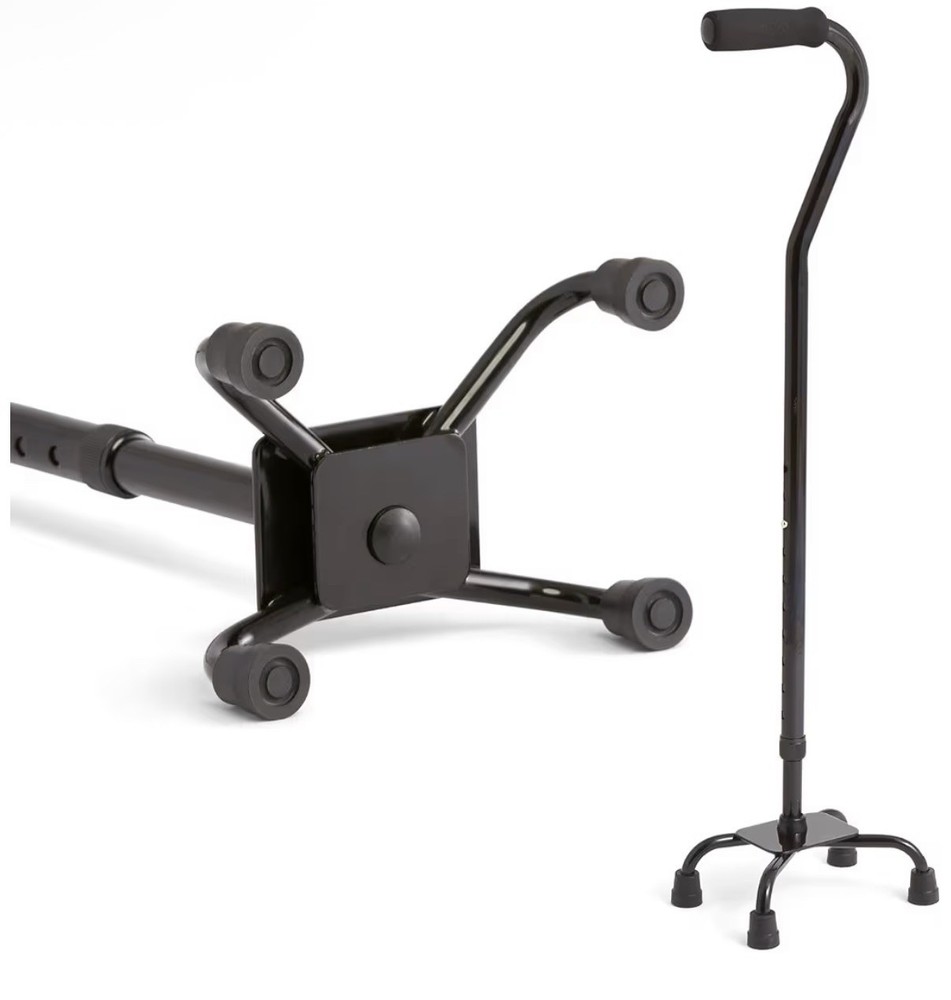 Quad Base Cane Adjustable Height 29-38 in Tool-Free Assembly, Black, 300 lb