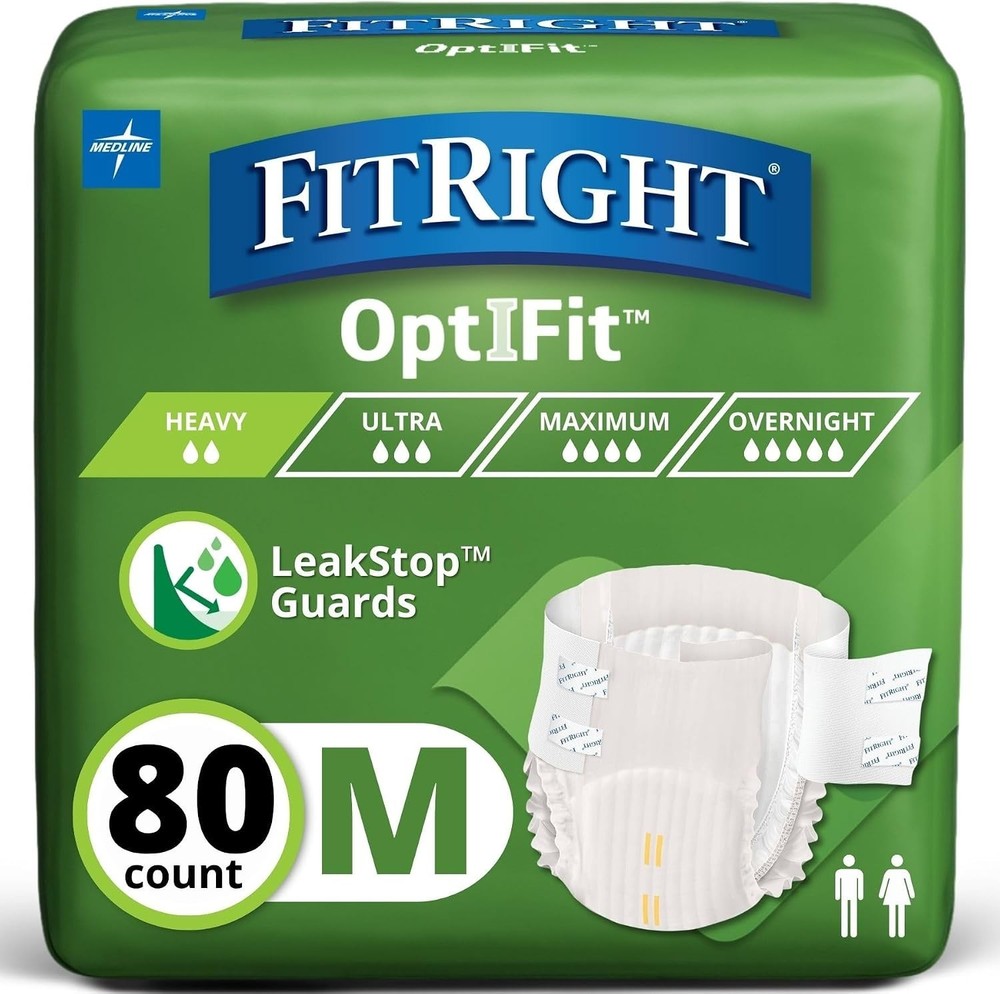 FitRight OptiFit Heavy Adult Diapers Leak Protection Medium 80 Count with Tabs