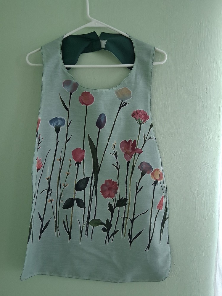 Long Stem Flowers/Dark Green, Adult Bib, Handmade , 35 1/2” by 21 ½”, reversible
