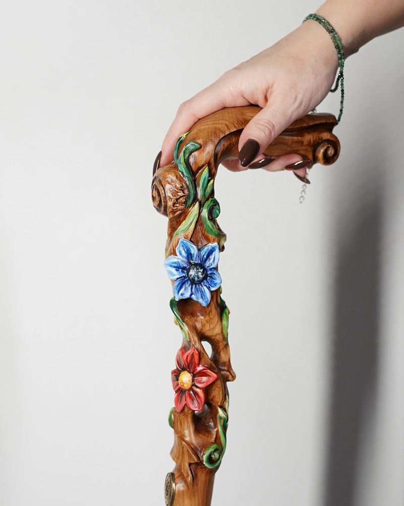 Flower field Elegant Light Wood Hand and Hand Painted Carved Walking Stick