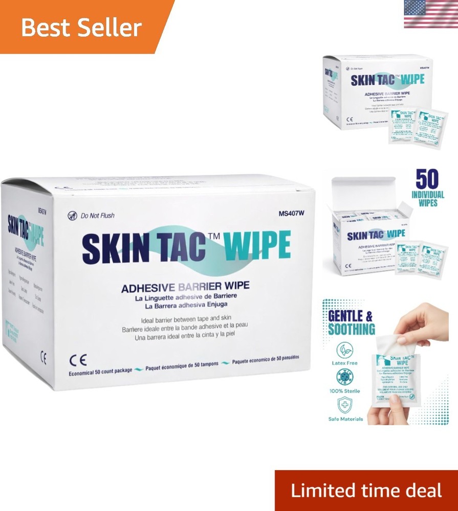 50 Count Skin-Tac Barrier Wipes – Non-Allergenic, Clear Adhesive for Face & Body