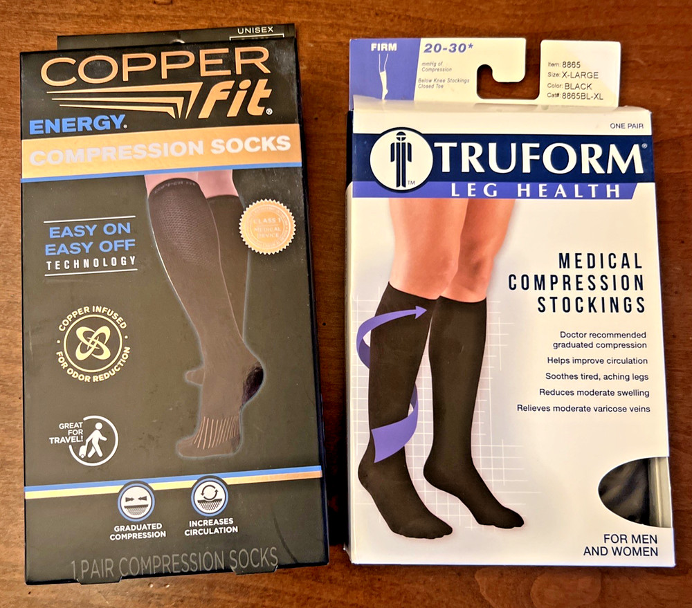 1 Pair Truform + 1 Pr Copper Fit Compression Stockings Men/Women Black L/XL NEW
