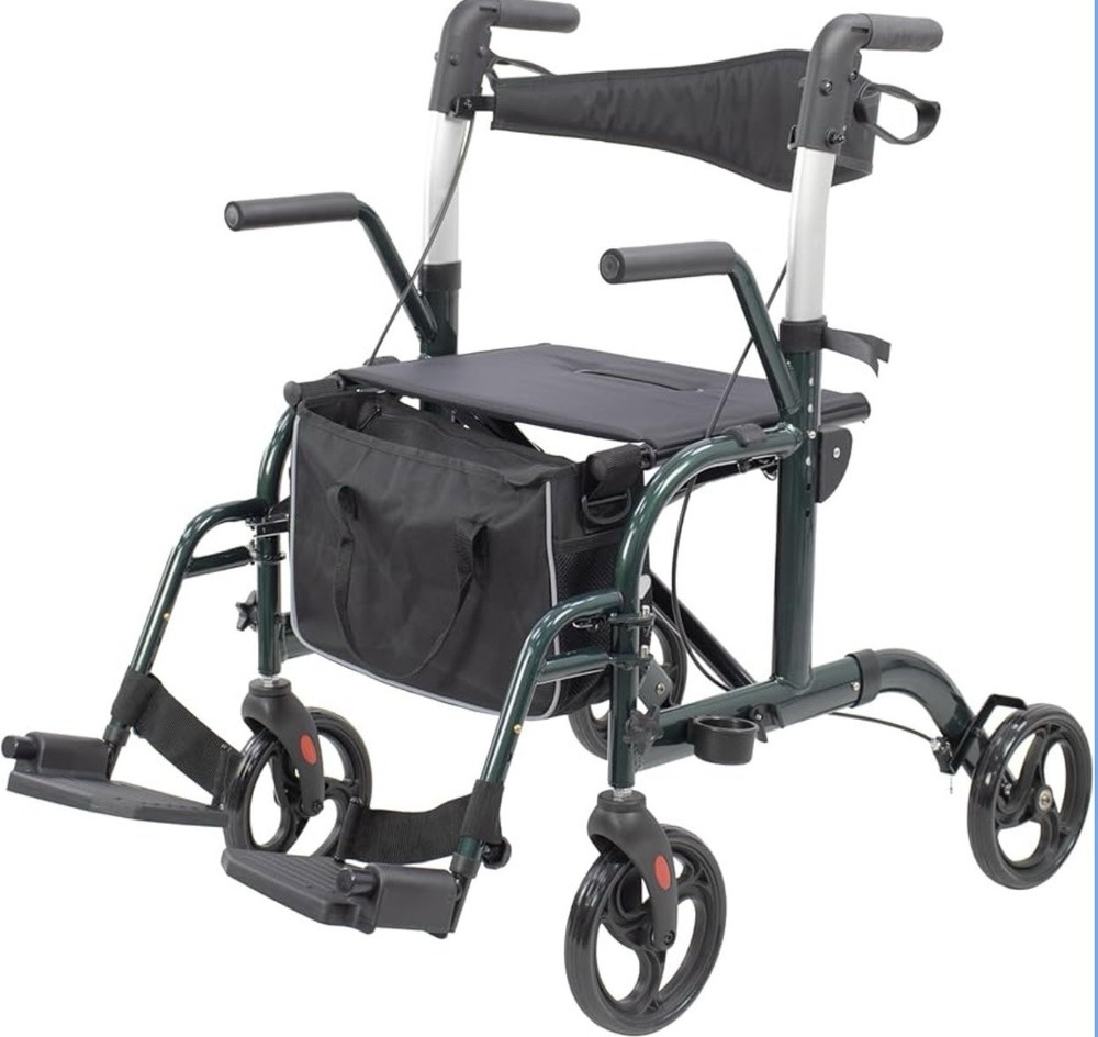 Winlove 2-in-1 Rollator Walker Transport Chair w/ Padded Seat for Seniors