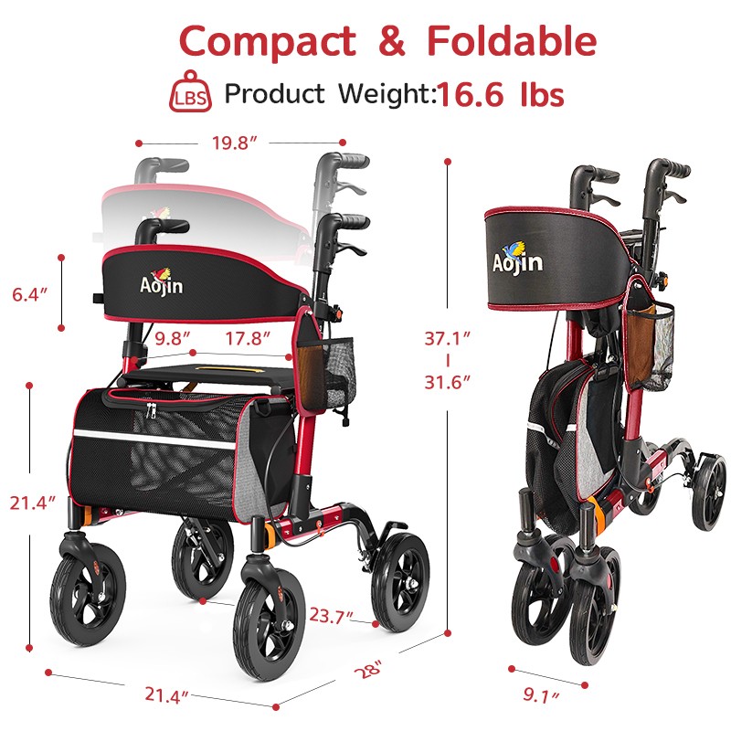 Foldable Rollator Walker 350 lb Capacity w/ 18″ Seat & 8″ Wheel Rolling Walker