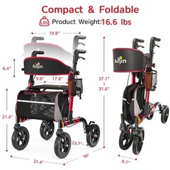 Foldable Rollator Walker 350 lb Capacity w/ 18″ Seat & 8″ Wheel Rolling Walker