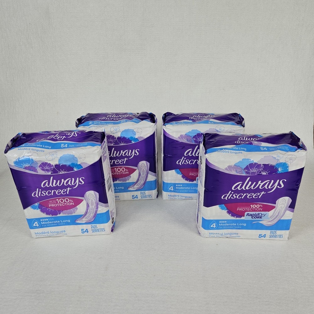 Always Discreet Incontinence Pads 54 Ct Size 4 Moderate Long (4-Packs Total 216)