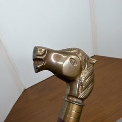 Brass Horse Head Handle Walking Stick Spiral Wood Cane Vintage