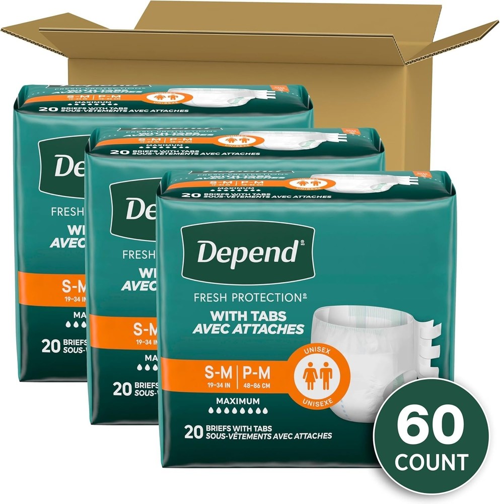 Depend Adult Diapers with Tabs, Small / Medium, Unisex, 60 Count
