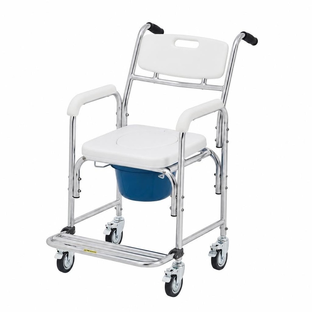 Bedside Commode Chair with Wheels, 350 lb Capacity, 4-in-1 Rolling Shower Chair