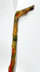 Vibrant Folk Art Walking Stick 37.5” Hand Painted Gnarled Wood Copper Ferrule
