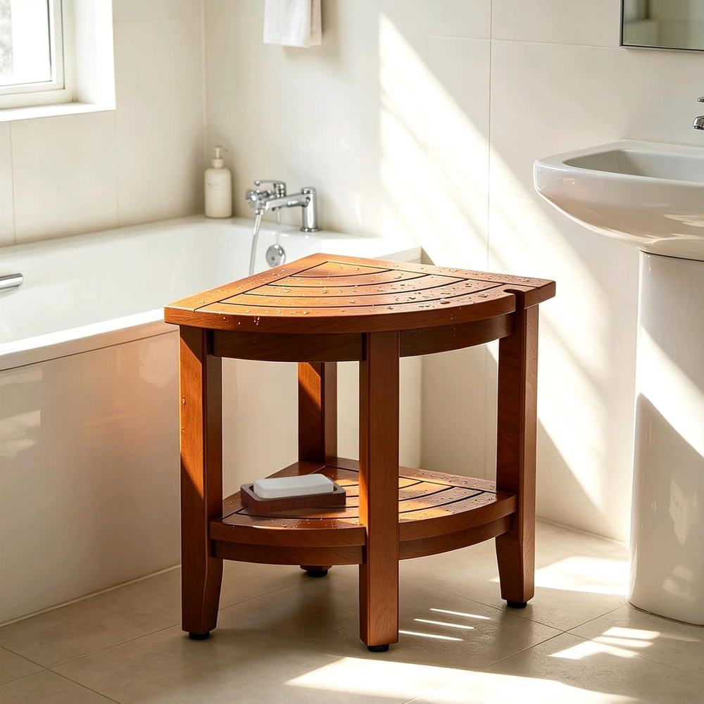 Teak 18″ Corner Shower Bench Stool for inside Shower, Waterproof Bath Chair with