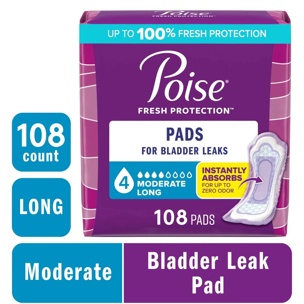 Incontinence Pads for Women, 4 Drop Moderate Absorbency, Long Length, 108 Count