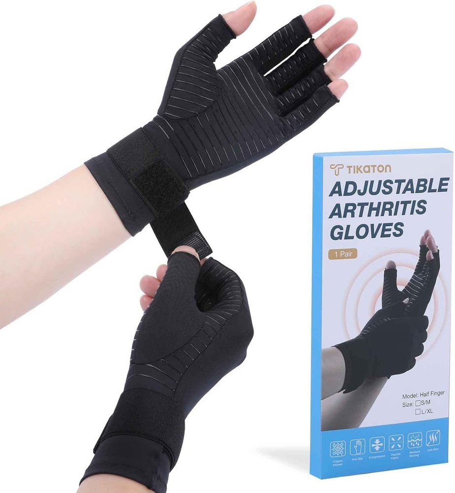 Tikaton Copper Infused Compression Arthritis Gloves with Wrist Strap for Hand Pa