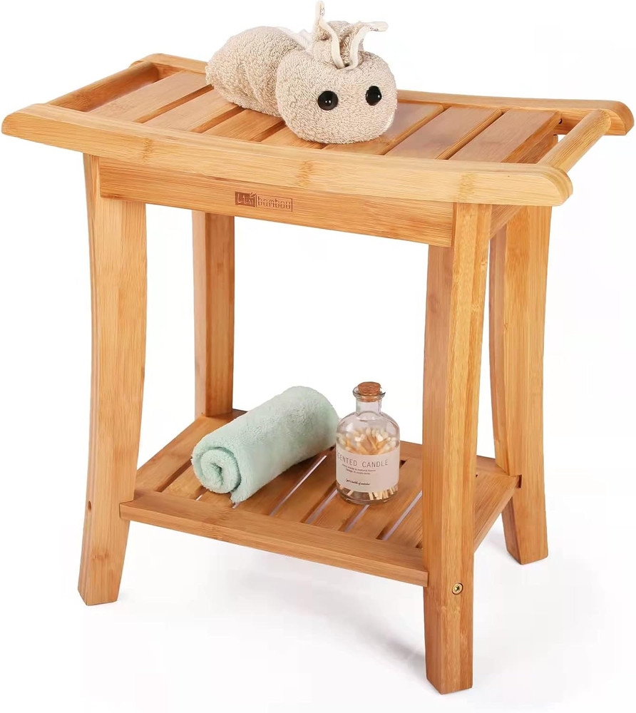 Deluxe Bamboo Shower Bench with Storage Shelf for Indoor/Outdoor Use