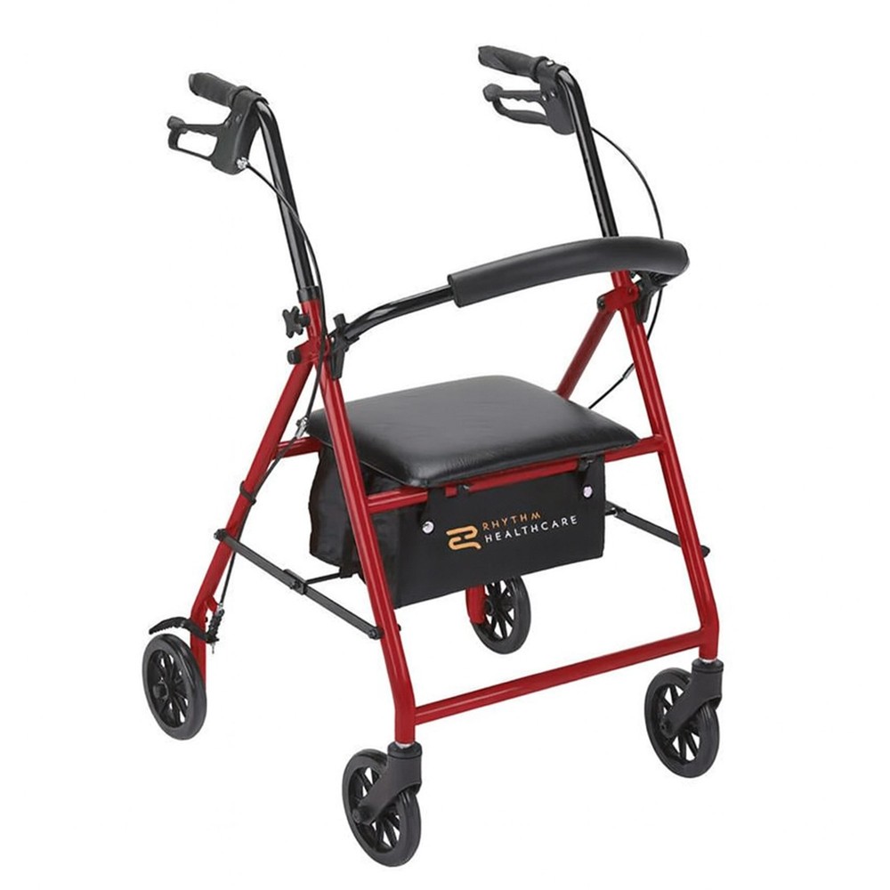 Rhythm Healthcare 4 Wheel Rollator Walker with 12×12″ Seat and 6″ Wheels, Red